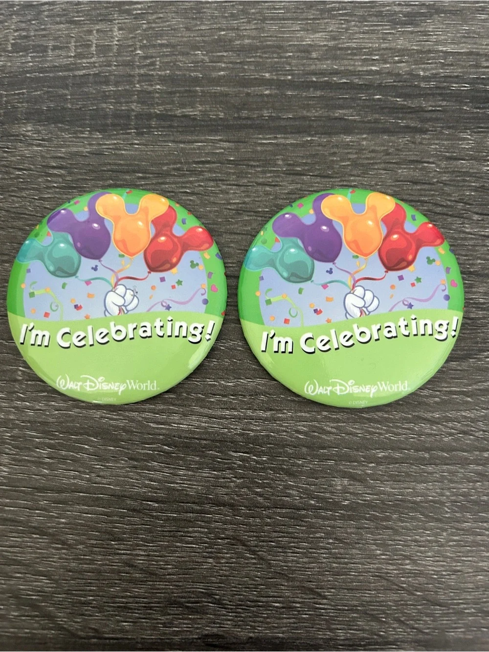 Disney Green 'I'm Celebrating!' Balloon Buttons - Set of 2